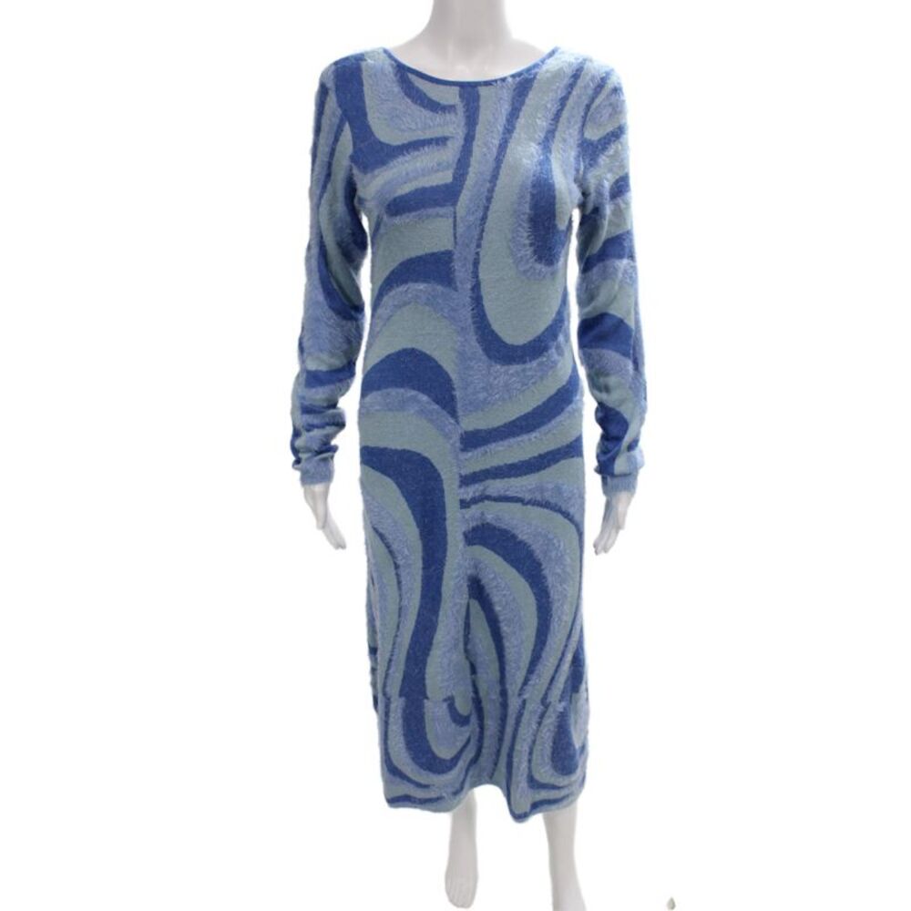 House Of Sunny Womens Bodycon Midi Dress Blue Scoop Neck Longsleeve Size 6